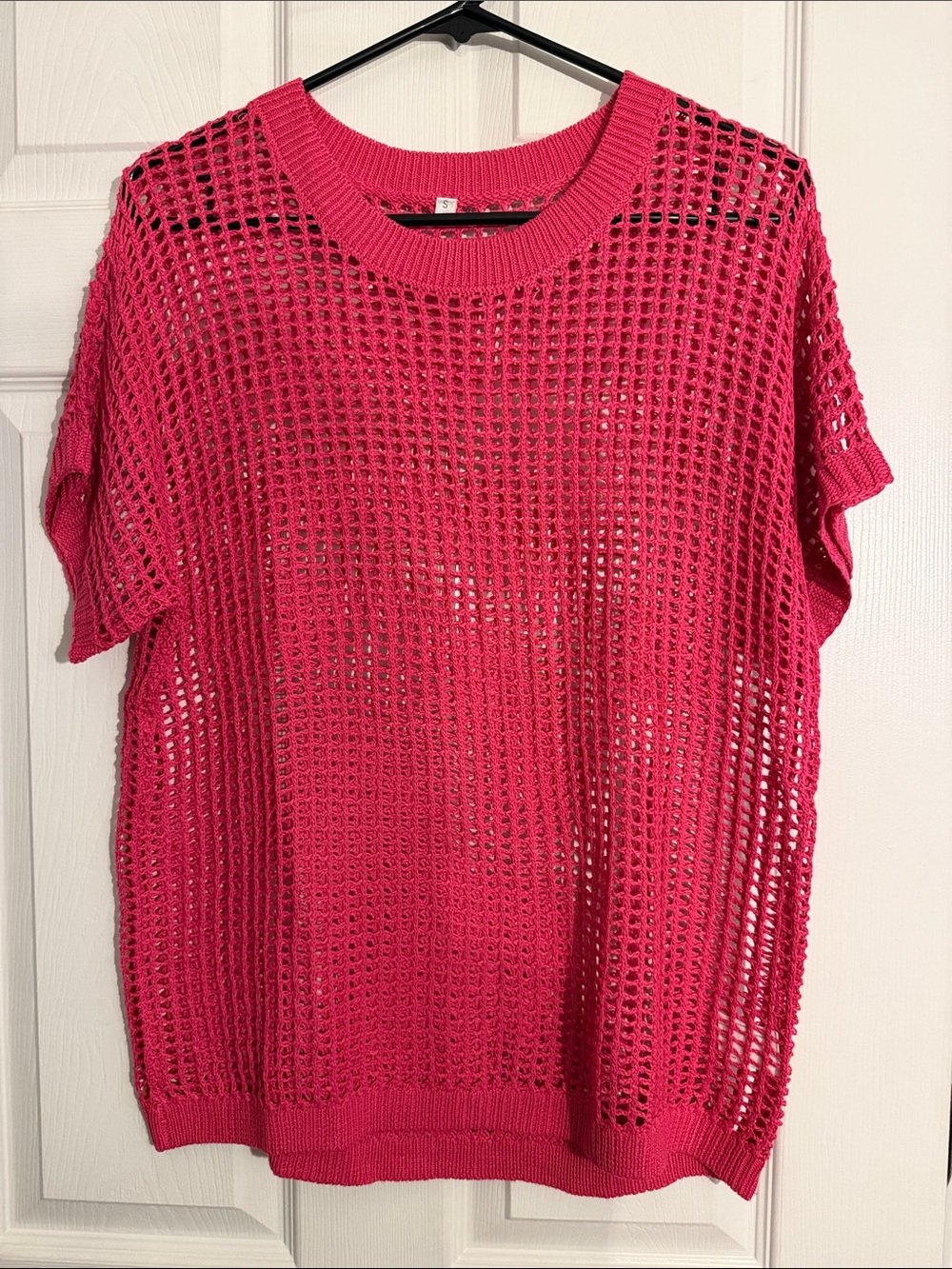 Amazon Hot Pink Open-Knit Short Sleeve Sweater Top